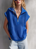 Chic Elegant Royal Blue Zipper-Up Lapel Collar Sleeveless Oversize Ribbed Knit Vest Top
