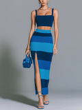Stylish Elegant Navy Blue Strappy Cropped Camisole Slim Fit Striped Side Slit Maxi Skirt Knit Two-PieceSet