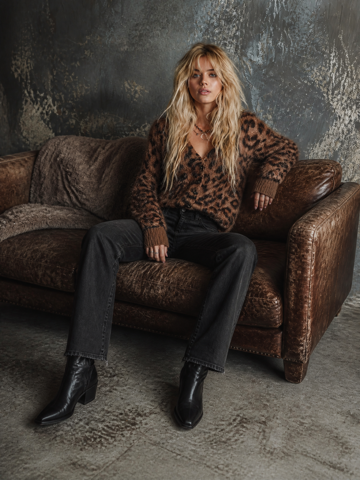 Chic Elegant Brown Leopard Jacquard V-Neck Single-Breasted Long-Sleeve Loose-Fit Fuzzy Mohair Blend Knit Cardigan Top