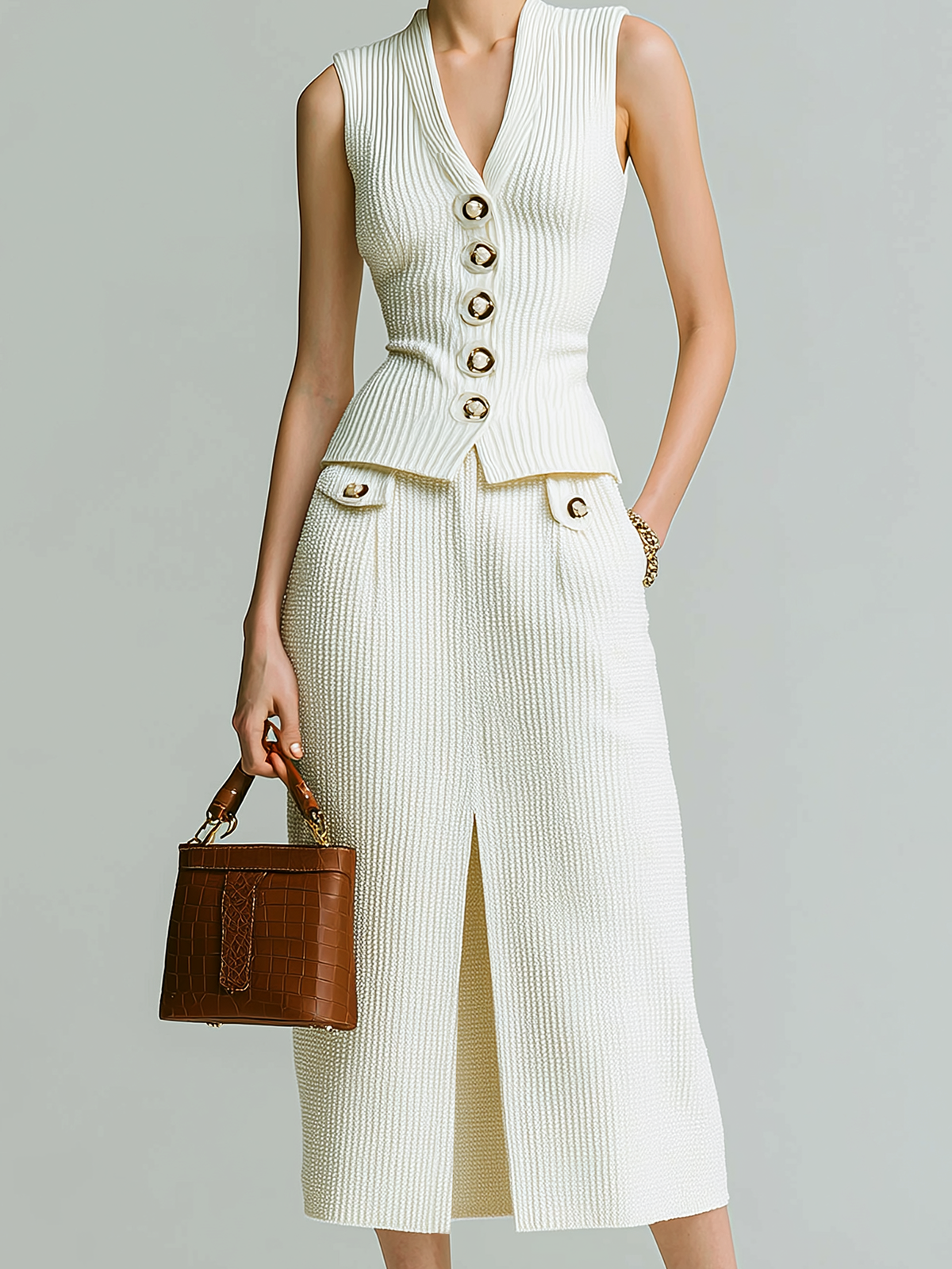 Stylish  Elegant Beige Deep V-neck Button-up Slim-fit Ribbed Vest Paired With A Front-slit Knit Midi Dress Two-piece Set