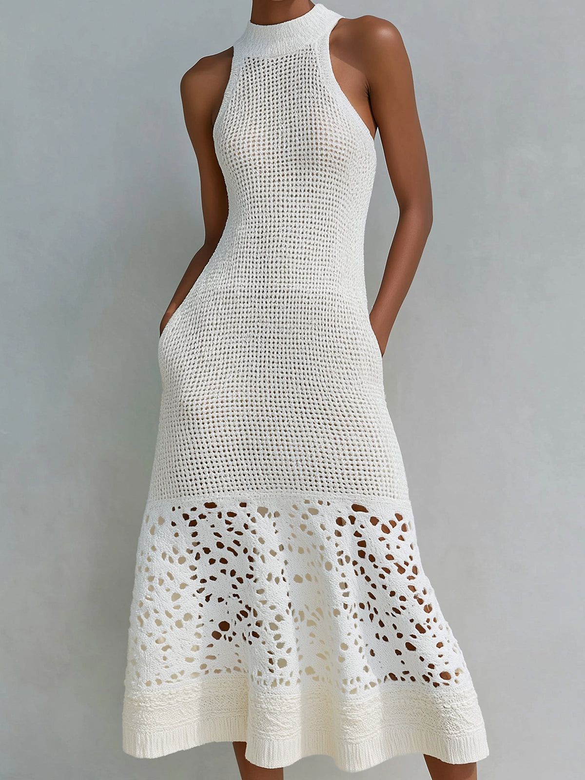 Chic Elegant Cream White Mock Neck Sleeveless Tailored Waist Lace Patchwork A-Line Mesh Knit Midi Dress