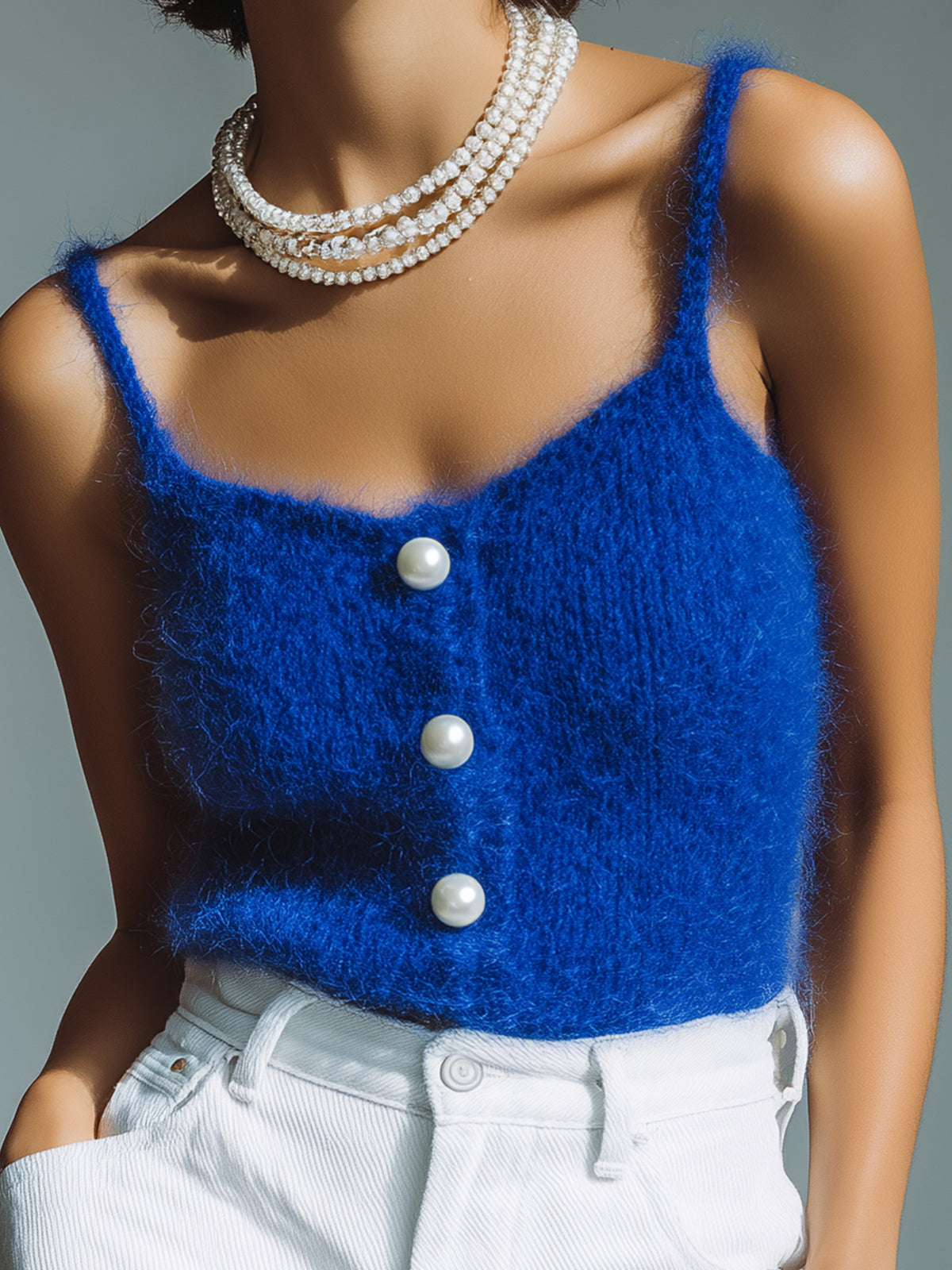 Chic Vintage Square Neck Pearl Button-Front Thin Strap Slim-Fit Knit Camisole