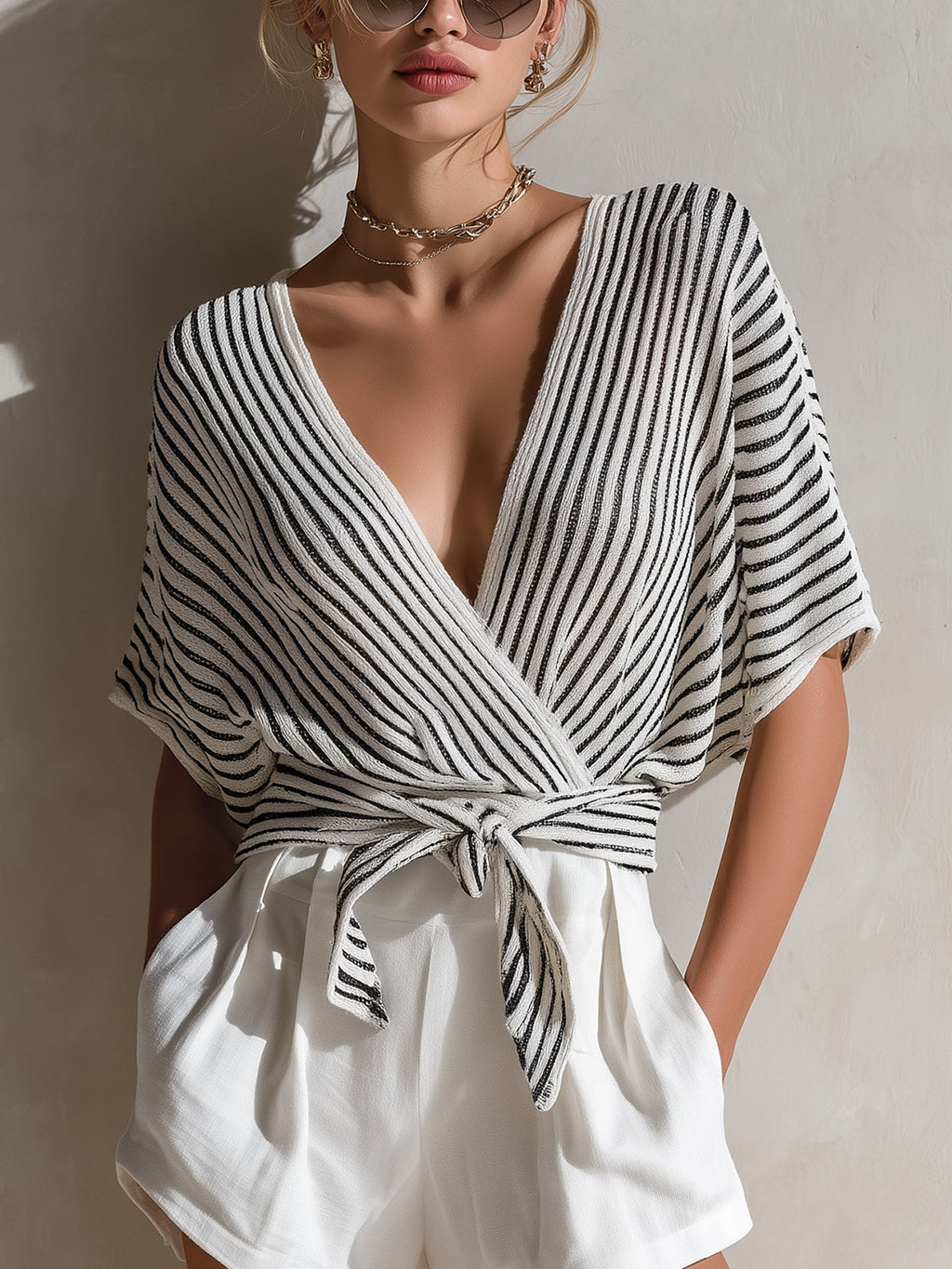 Chic Elegant Black-White Pinstripe Cross V-Neck Short-Sleeve Tie Waist Loose Fit Knit Sweater Top