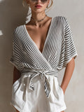 Chic Elegant Black-White Pinstripe Cross V-Neck Short-Sleeve Tie Waist Loose Fit Knit Sweater Top