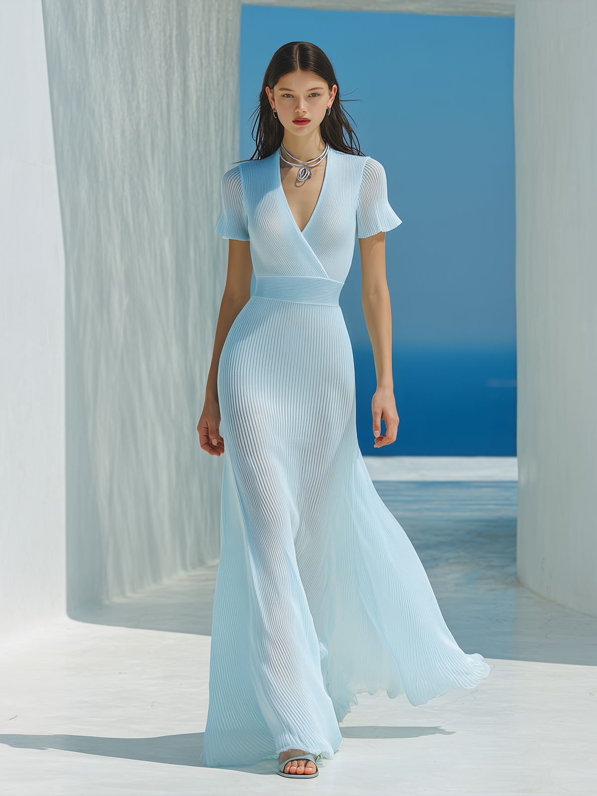 Stylish Elegant Light-Blue V-Neck Short-Sleeve Slim-Fit Tailored-Waist A-Line Ribbed Knit Maxi Dress