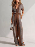 Chic Elegant Brown-Gray Colorblock Zipper-Up Lapel Collar Short-Sleeve Belted Waist Loose-Fit Wide-Leg Knit Jumpsuit