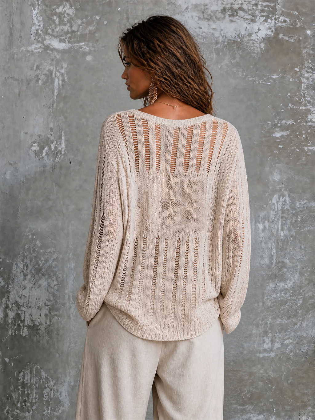 Chic Elegant Off White V-Neck Beaded Detail Long Sleeve Loose-Fit Hollow-Out Knit Sweater Top