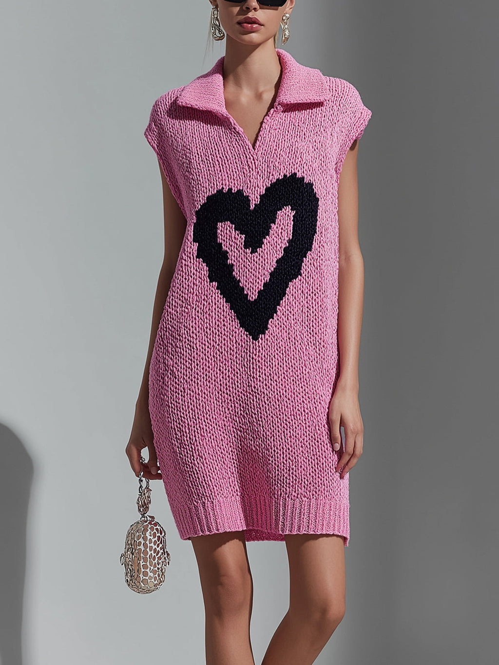 Chic Casual Pink Lapel V-Neck Heart Jacquard Sleeveless Loose-Fit Knit Mini Dress
