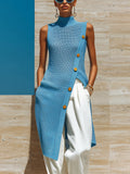 Chic Elegant Blue Mock Neck Sleeveless Slim-Fit Button-Front Asymmetrical-Hem Knit Knee-Length Vest