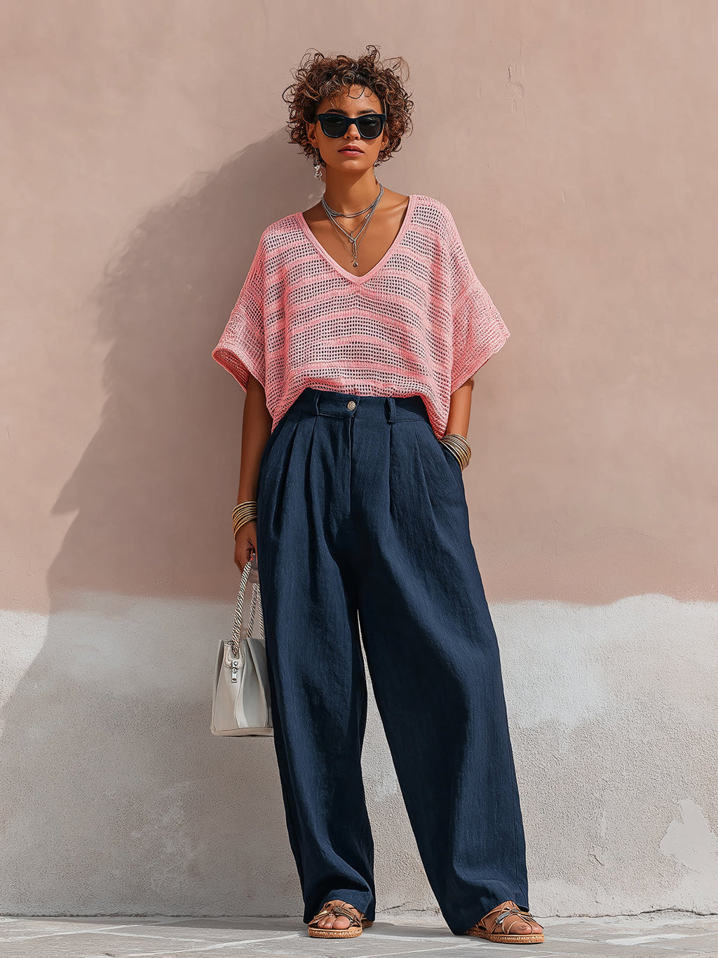 Chic Elegant Pink V-Neck Short-Sleeve Oversized Knit Top Navy Linen Wide-Leg Pants Two-Piece Set