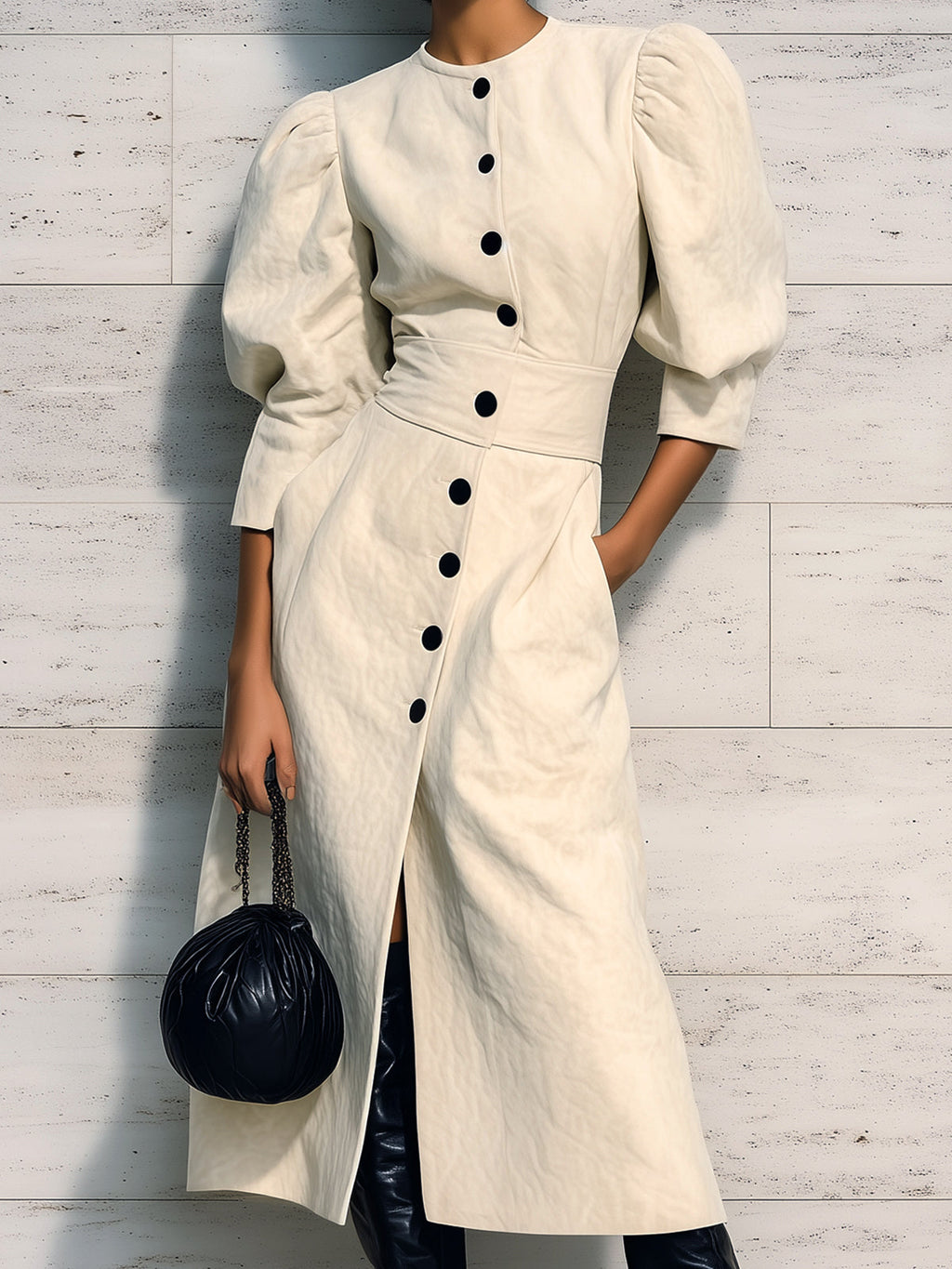 Chic Elegant Cream White Faux Suede Round Neck Single-Breasted Puff Sleeve Tailored Waist Slim-Fit Midi Dress