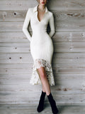 Chic Vintage White Lapel Deep V-Neck Lace Patchwork Mermaid Fitted Ribbed Knit Midi Dress