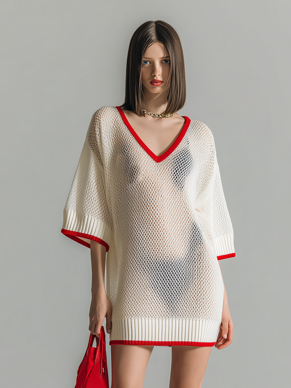 Chic Elegant Off-White Colorblock V-Neck Half -Sleeves Loose-Fit Mesh Knit Mini Dress