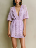 Chic Elegant Light Purple Deep V-Neck Short-Sleeve Loose-Fit Hollow Out Cable Knit Mini Dress