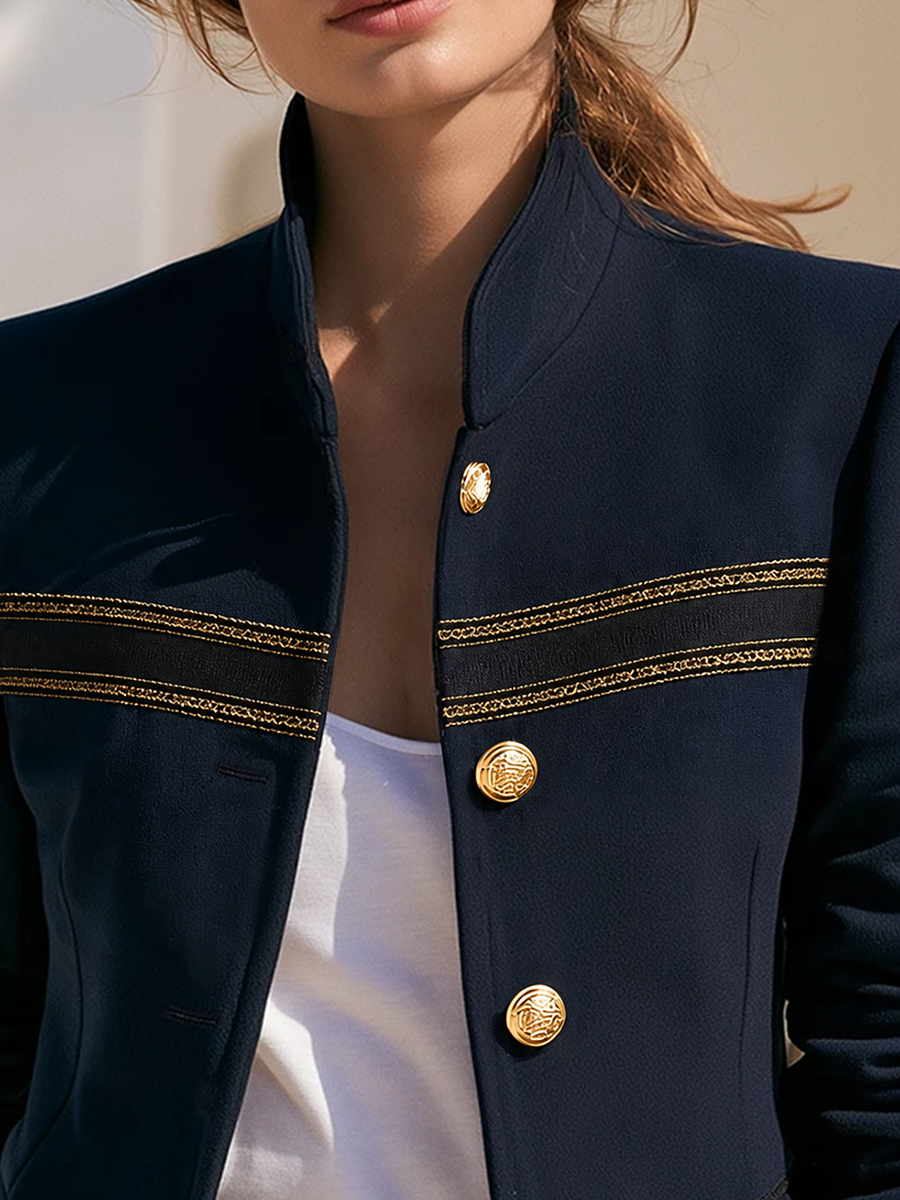 Old Money Gold Ribbon Trim Stand Collar Navy Jacket