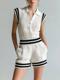 Chic Elegant White-Black Colorblock Button-Up Lapel Collar Sleeveless Elastic-Waist Loose-Fit Mesh Knit Romper