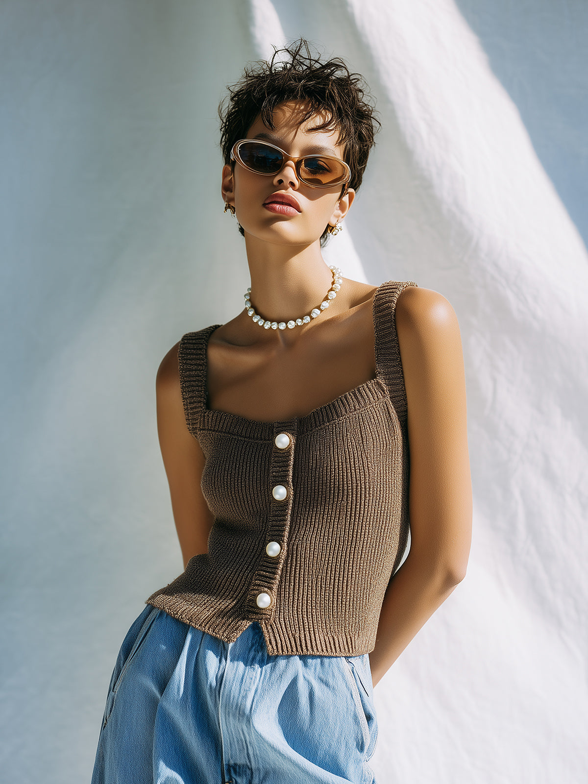 Chic Casual Brown Square Neck Sleeveless Button Details Slim-Fit Ribbed Knit Tank Top