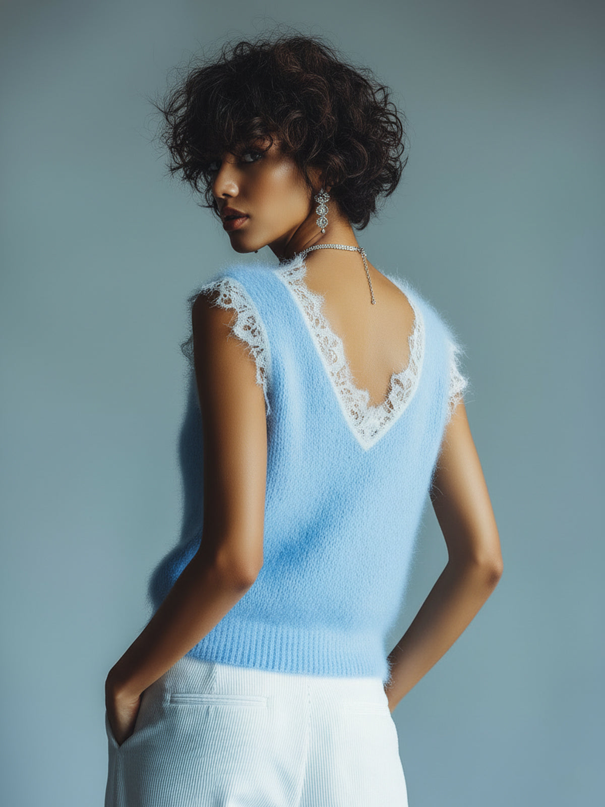 Chic Vintage Blue V-Neck Lace Trim Details Sleeveless Loose-Fit Fuzzy Knit Tank Top