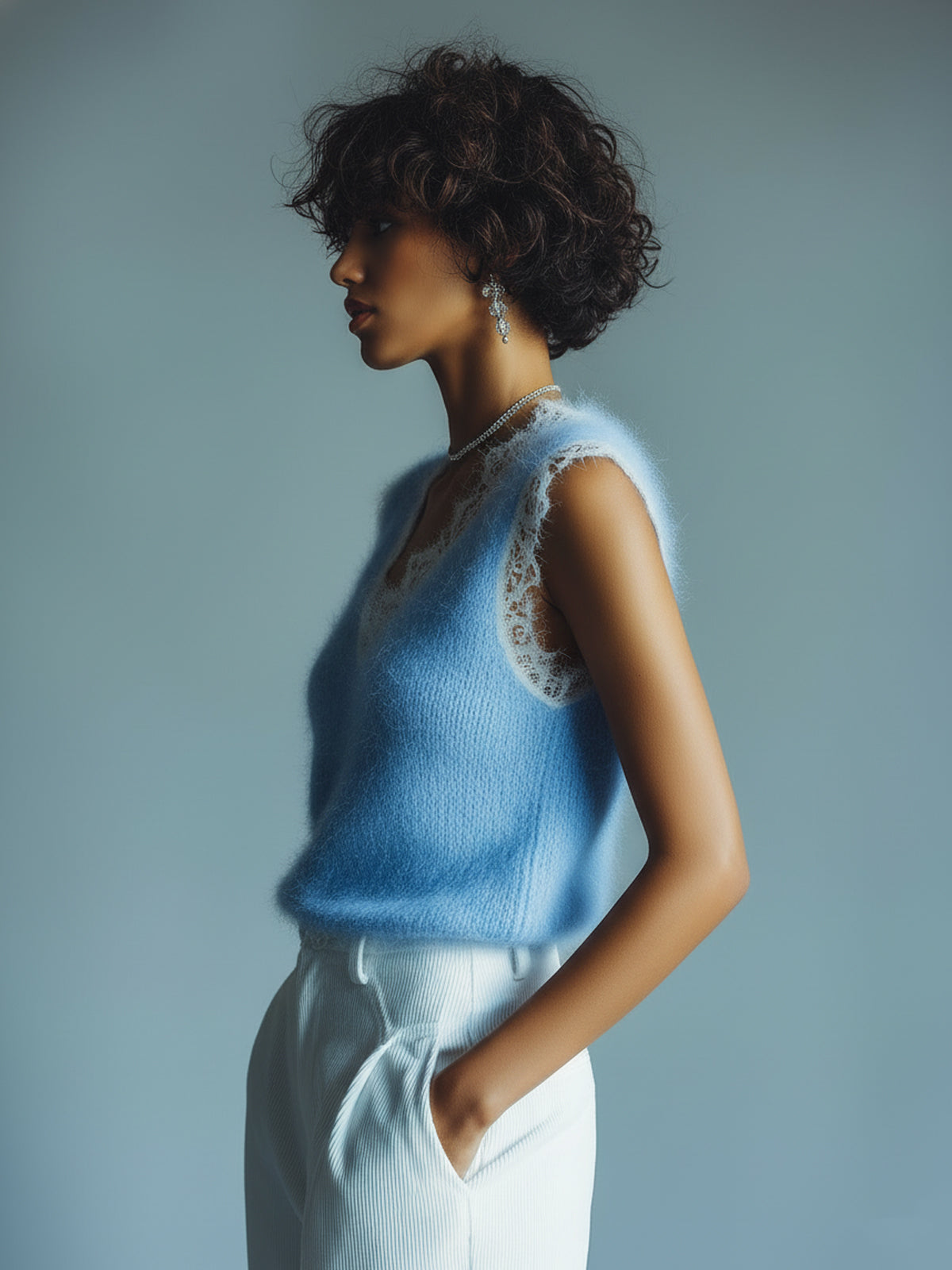 Chic Vintage Blue V-Neck Lace Trim Details Sleeveless Loose-Fit Fuzzy Knit Tank Top