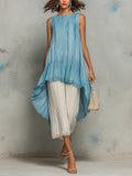 Chic Elegant Blue Boat-Neck Sleeveless Asymmetrical Hem Top Beige Cropped Pants Lace Trim Detail Cotton Blend Pleated Two-Piece Set