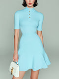 Chic Elegant Blue Mock Neck Button-Front Short-Sleeve Tailored Waist A-Line Ribbed Knit Mini Dress