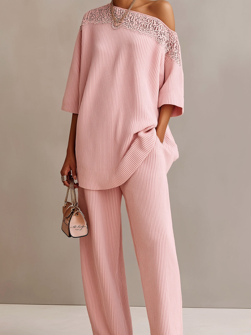 Chic Elegant Pink One-Shoulder Short-Sleeve Lace Detail Oversize Sweater And Relaxed-Fit Ribbed Knit Pants Two-Piece Set