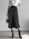 Chic Elegant Black Stripes High Waist Button-Front Slit Bodycon Knit Midi Skirt