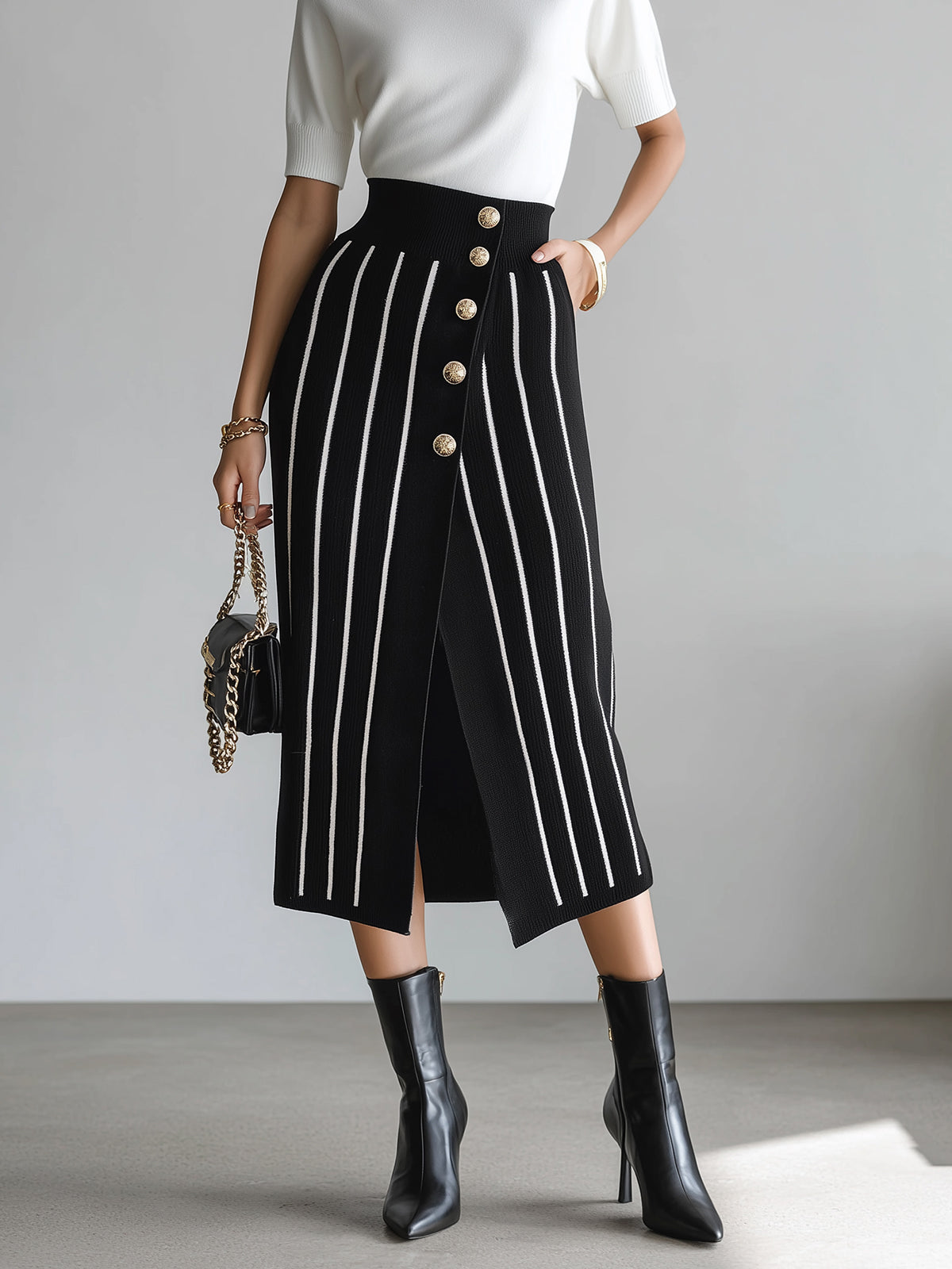 Chic Elegant Black Stripes High Waist Button-Front Slit Bodycon Knit Midi Skirt