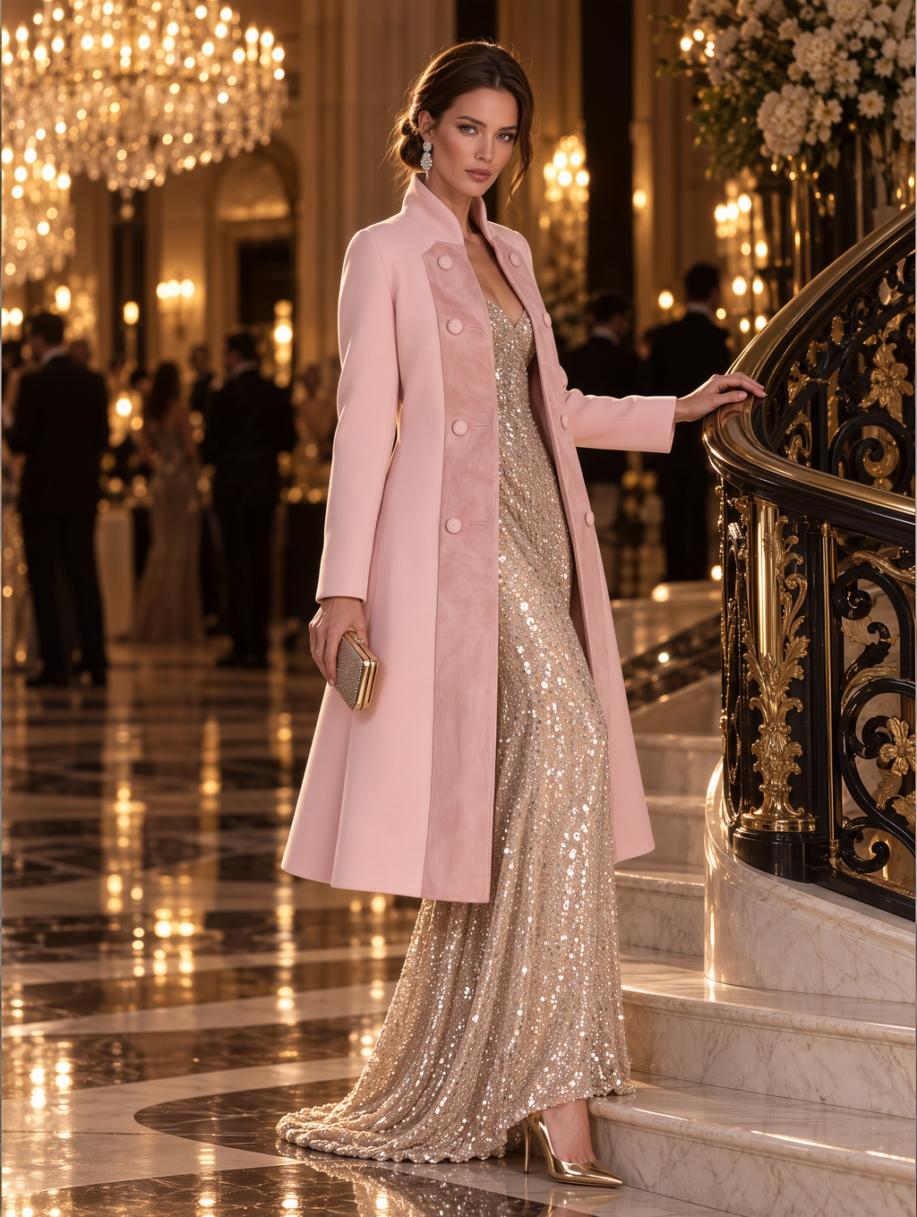 Elegant Stand-collar Suede Patchwork Pink Mid-length Coat