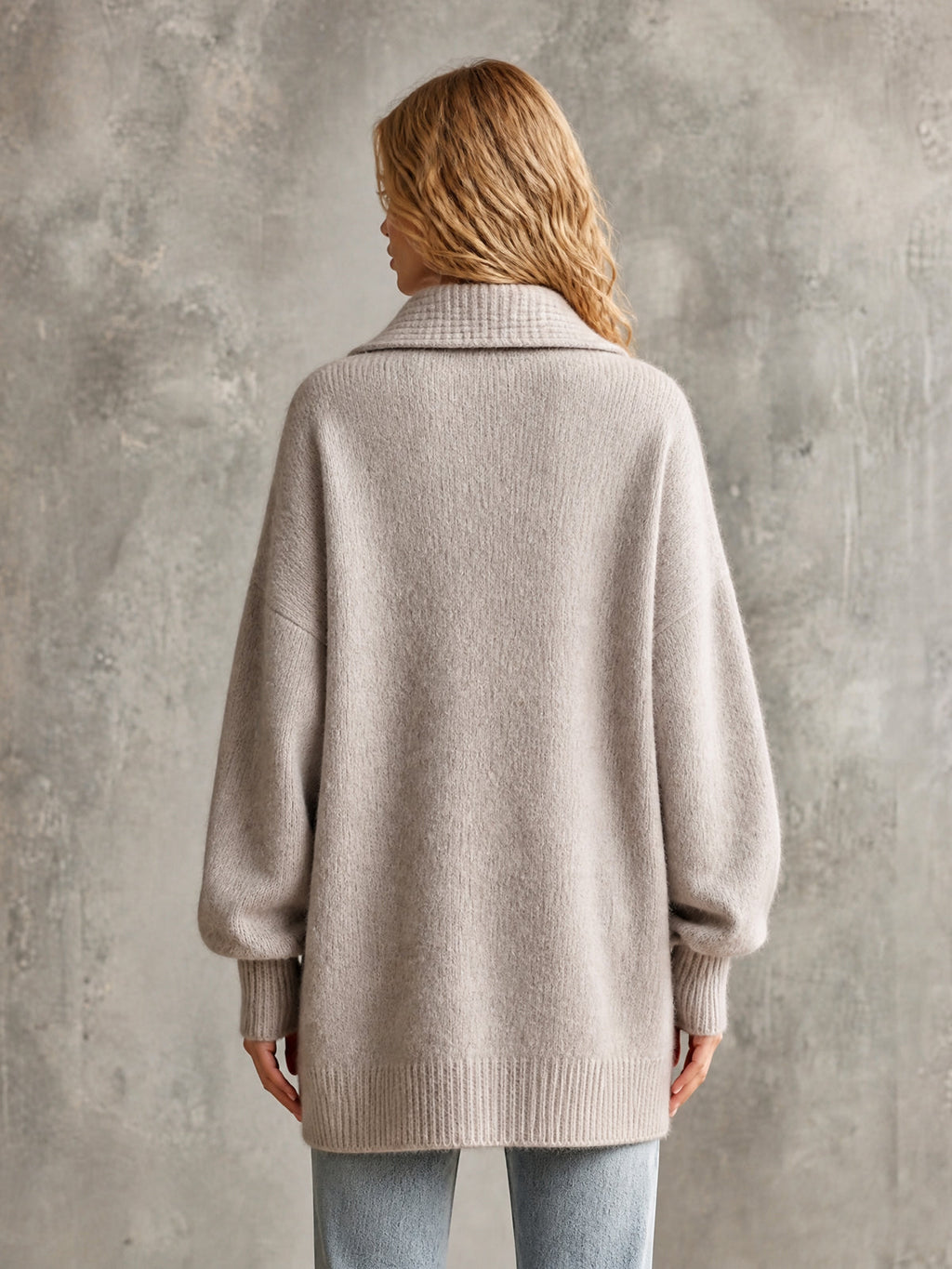 Chic Elegant Beige Gray Lapel V-Neck Dropped-Shoulder Long-Lantern-Sleeve Oversized Wool Blend Knit Sweater