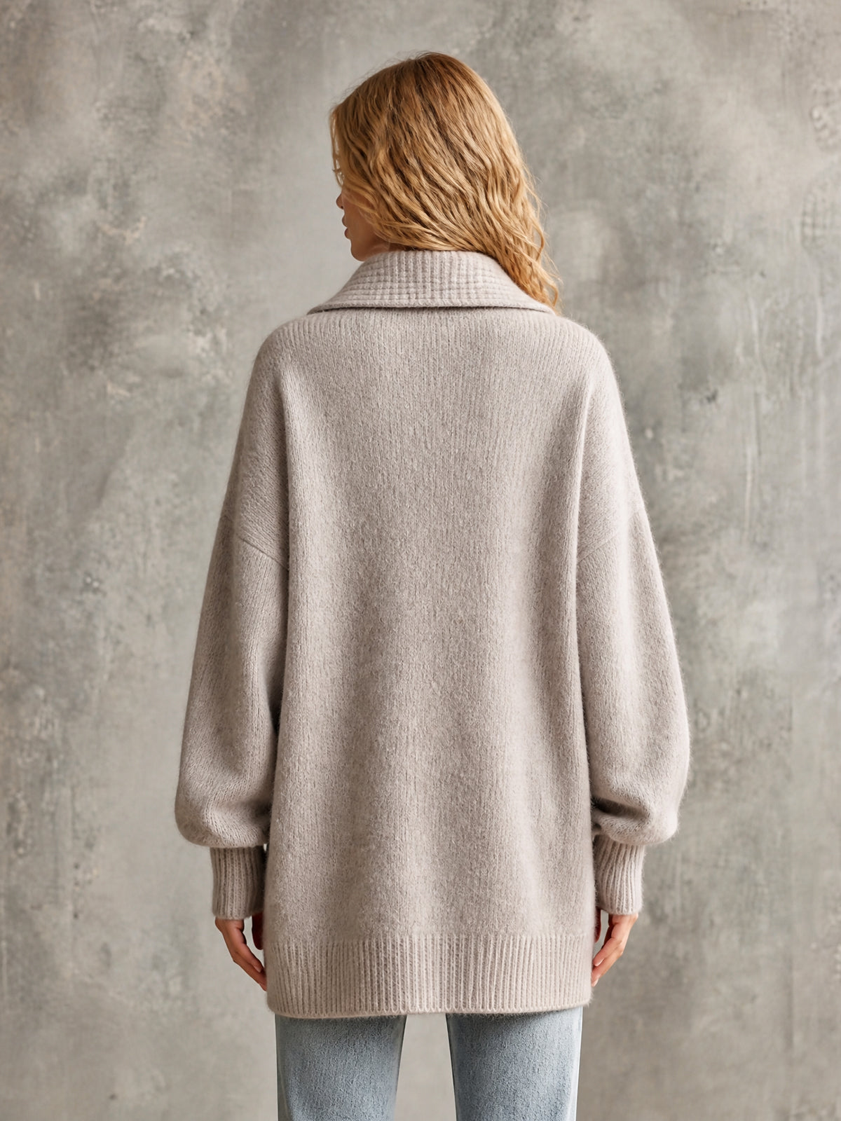 Chic Elegant Beige Gray Lapel V-Neck Dropped-Shoulder Long-Lantern-Sleeve Oversized Wool Blend Knit Sweater