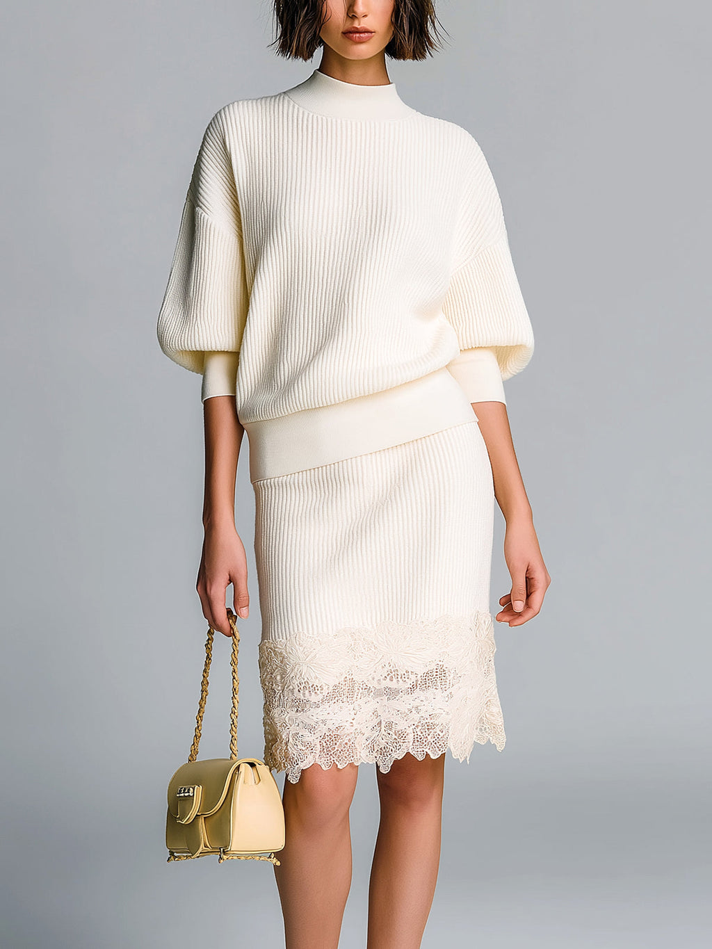 Chic Elegant Cream White Mock Neck Short-Sleeve Slim-Fit Sweater Bodycon Lace Details Midi Skirt Ribbed Knit Two-Piece Set