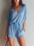 Chic Elegant Blue V-Neck Short-Sleeve Loose-Fit Top Elastic-Waist Shorts Knit Two-Piece Set