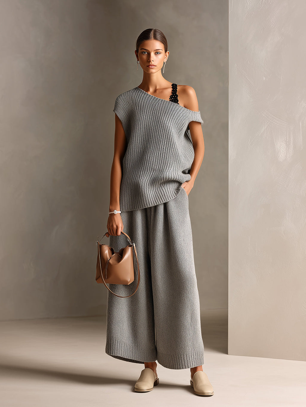 Chic Elegant Gray One Shoulder Short-Sleeve Lace Details Loose-Fit Sweater Oversize Wide-Leg Pants Ribbed Knit Two-Piece Set