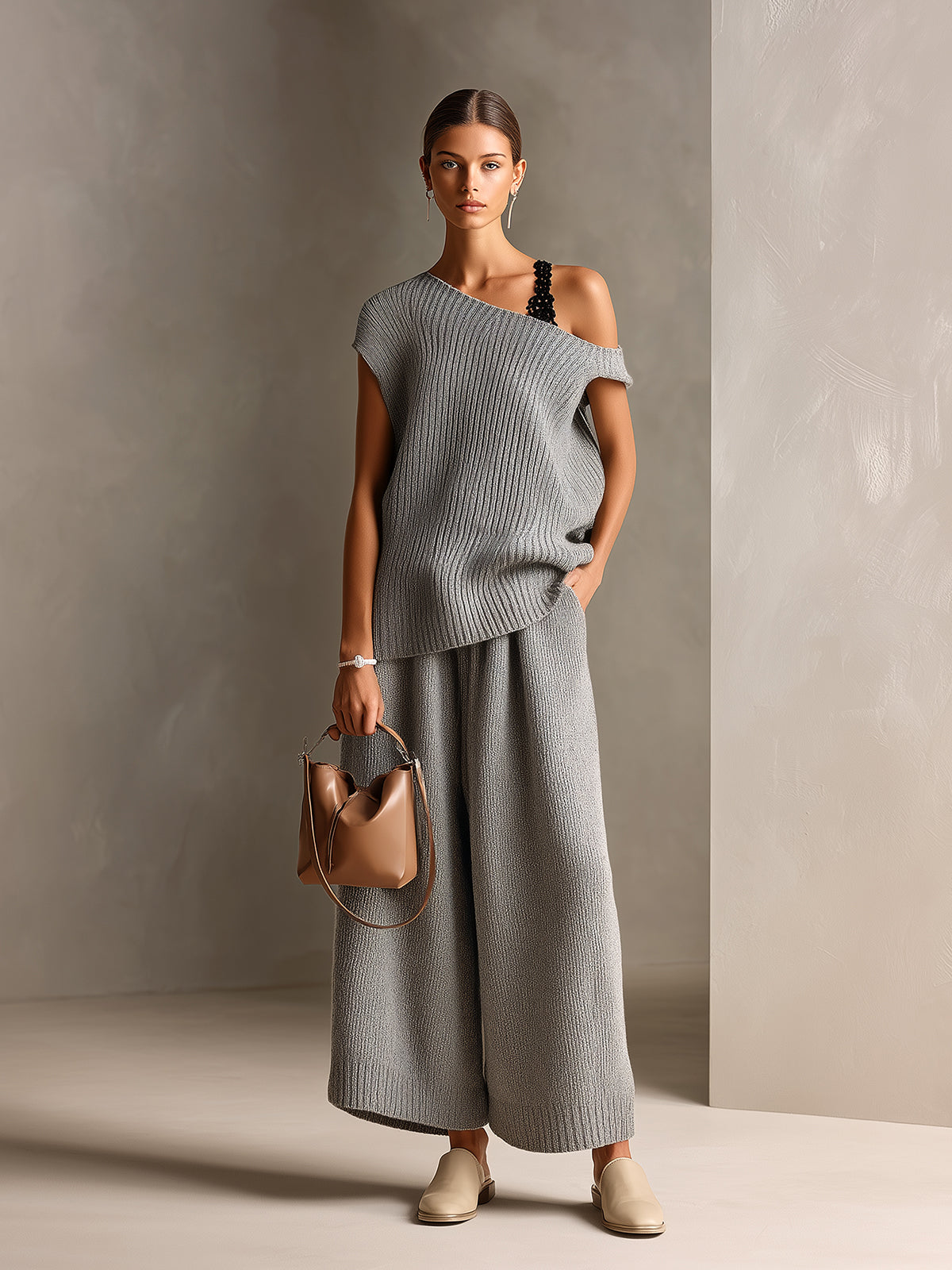 Chic Elegant Gray One Shoulder Short-Sleeve Lace Details Loose-Fit Sweater Oversize Wide-Leg Pants Ribbed Knit Two-Piece Set