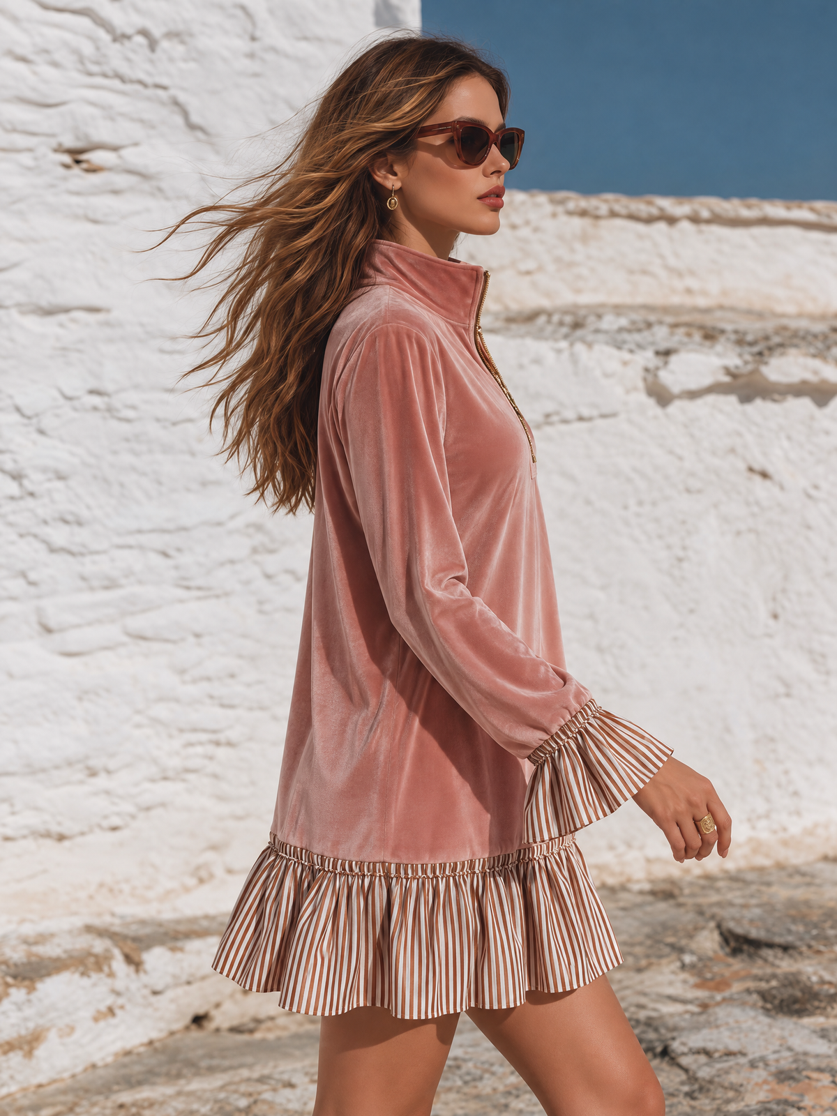 Resort Half-zip Stand Collar Striped Ruffle Velvet Mini Dress