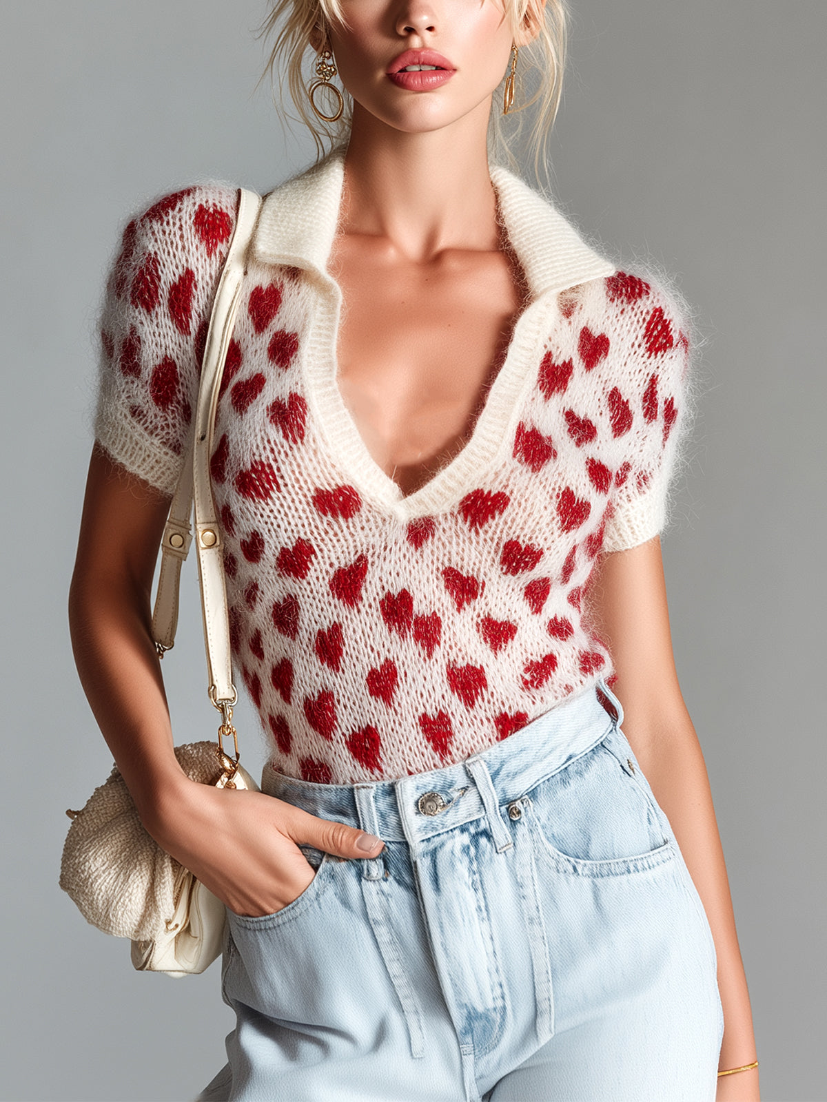 Chic Elegant Red Beige Heart Pattern Lapel V-Neck Short-Sleeve Slim-Fit Knit Sweater Top