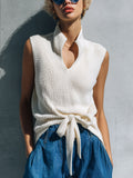 Chic Elegant Cream White Stand Collar V-Neck Sleeveless Bow-Tie Detail Loose-Fit Ribbed Knit Vest