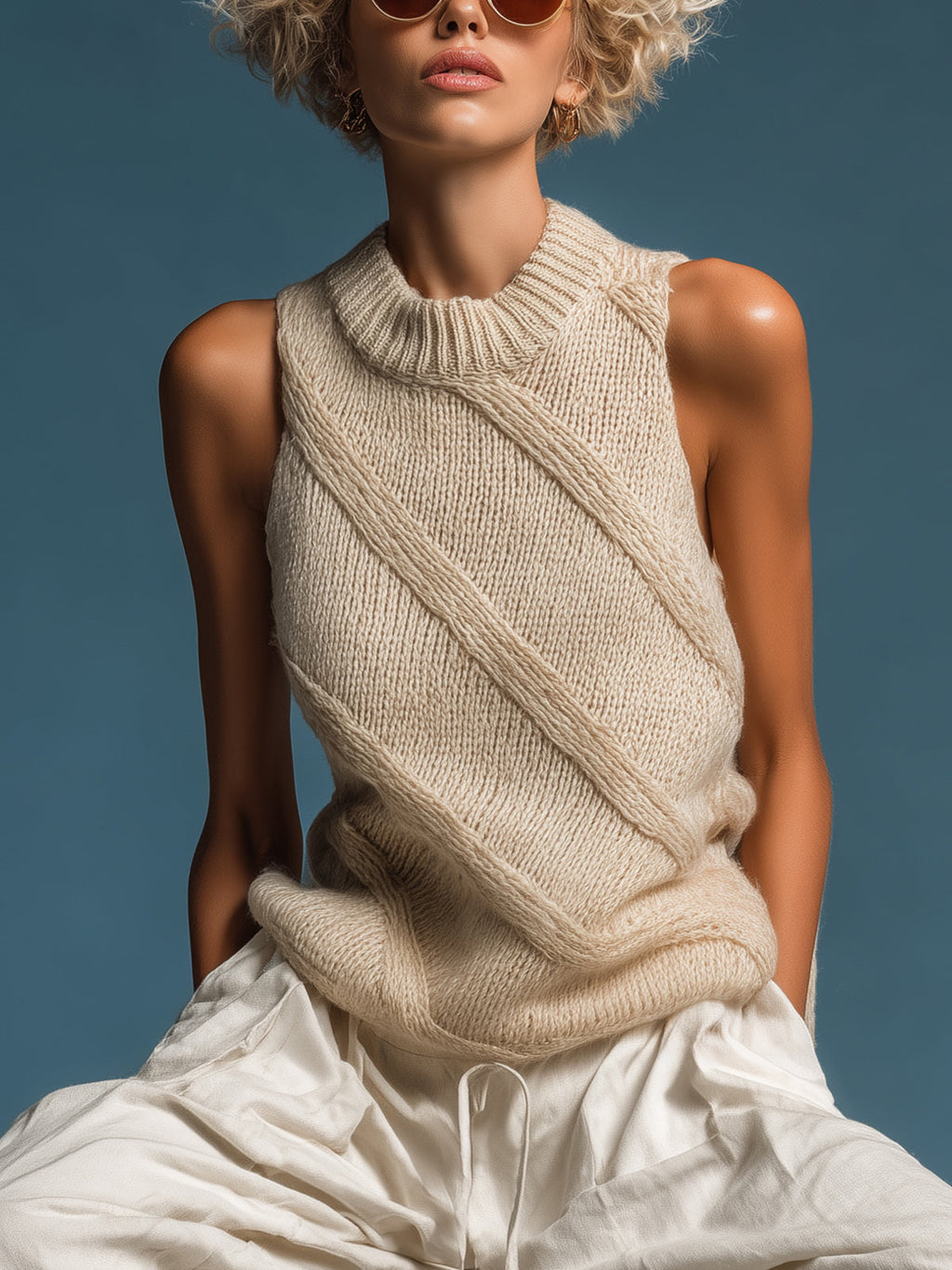 Chic Elegant Light Camel Striped Round-Neck Sleeveless Loose-Fit Knit Vest Top