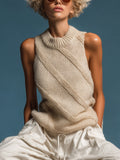 Chic Elegant Light Camel Striped Round-Neck Sleeveless Loose-Fit Knit Vest Top