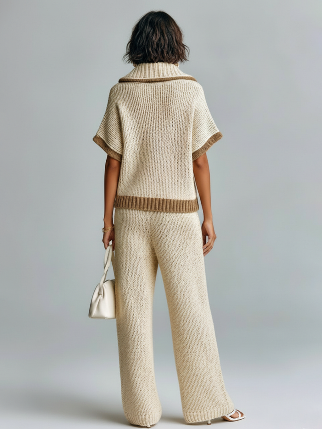 Fashion Casual Beige Colorblock Lapel Collar Short-Sleeve Loose Sweater Wide-Leg Pants Knit Two-Piece Set