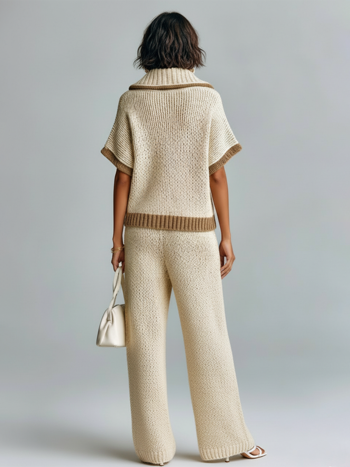 Fashion Casual Beige Colorblock Lapel Collar Short-Sleeve Loose Sweater Wide-Leg Pants Knit Two-Piece Set