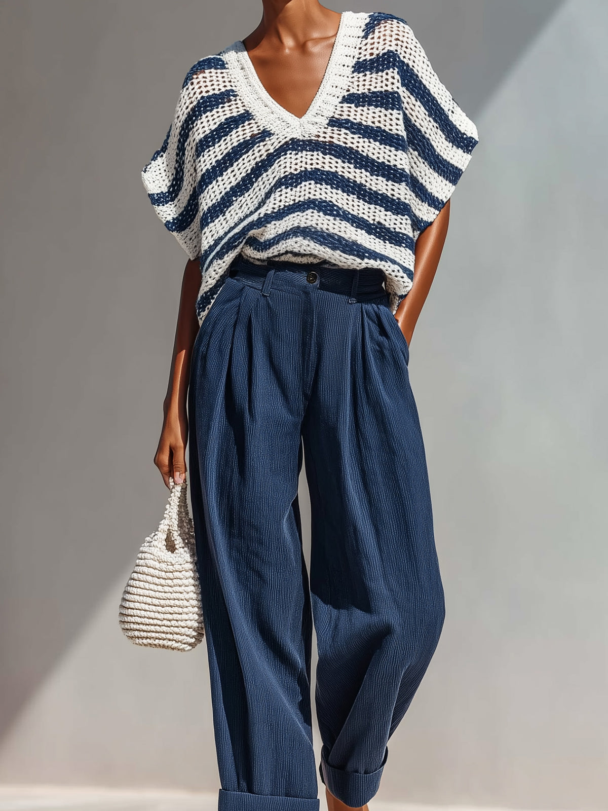 Chic Elegant Navy-White Stripes V-Neck Short-Sleeve Loose-Fit  Knit Top Navy Cotton Blend Pants Two-Piece Set