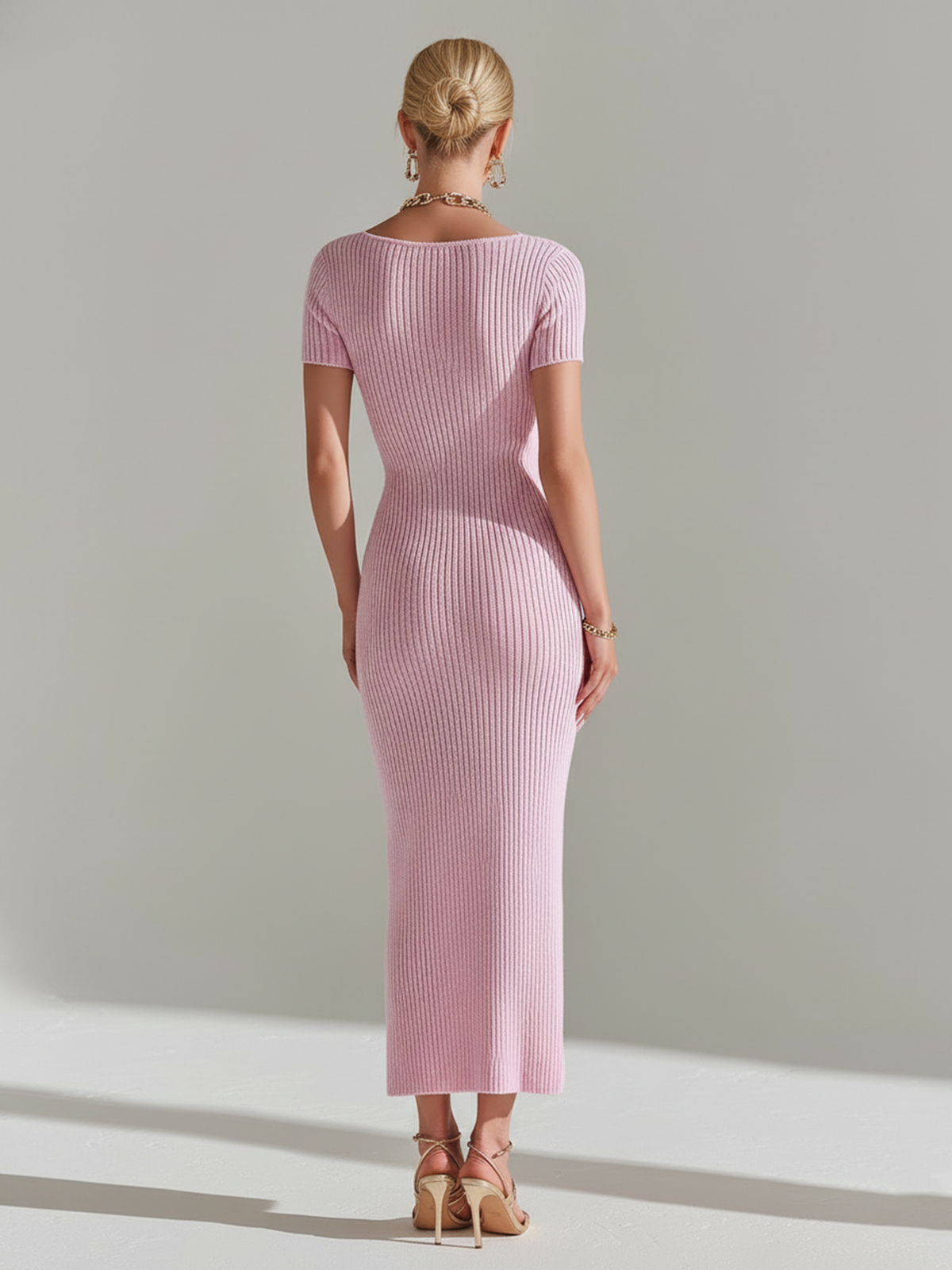 Chic Elegant Pink Heart-Shaped Neck Short-Sleeve Side Slit Slim-Fit Knit Maxi Dress