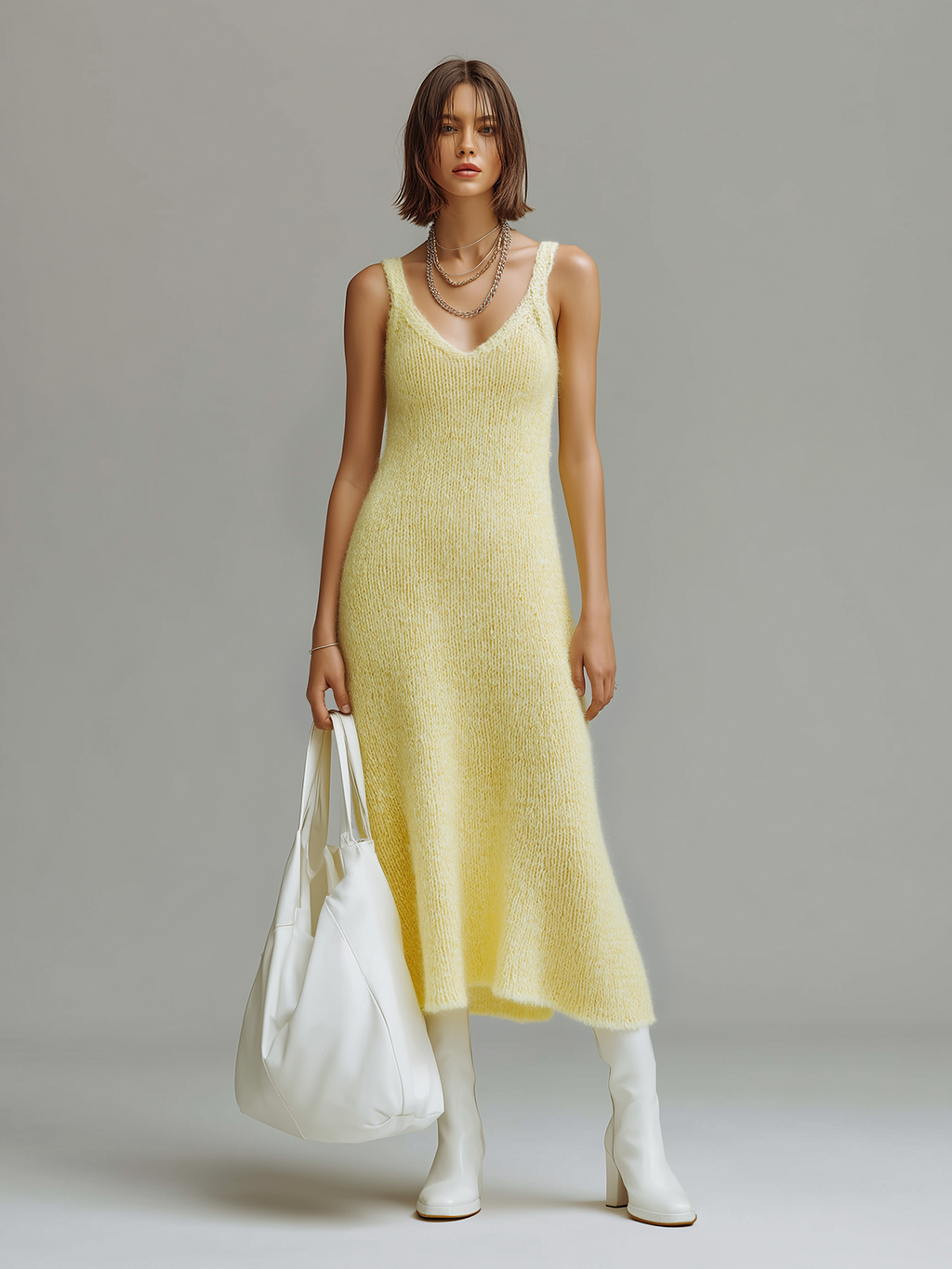Chic Vintage Light Yellow V-Neck Sleeveless Slim-Fit Mohair Knit Maxi Dress