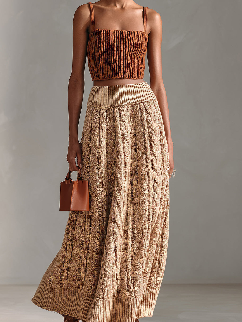Chic Elegant Caramel Square-Neck Slim-Fit Ribbed Tank Top Camel A-Line Cable Knit Maxi Skirt Two-Piece Set