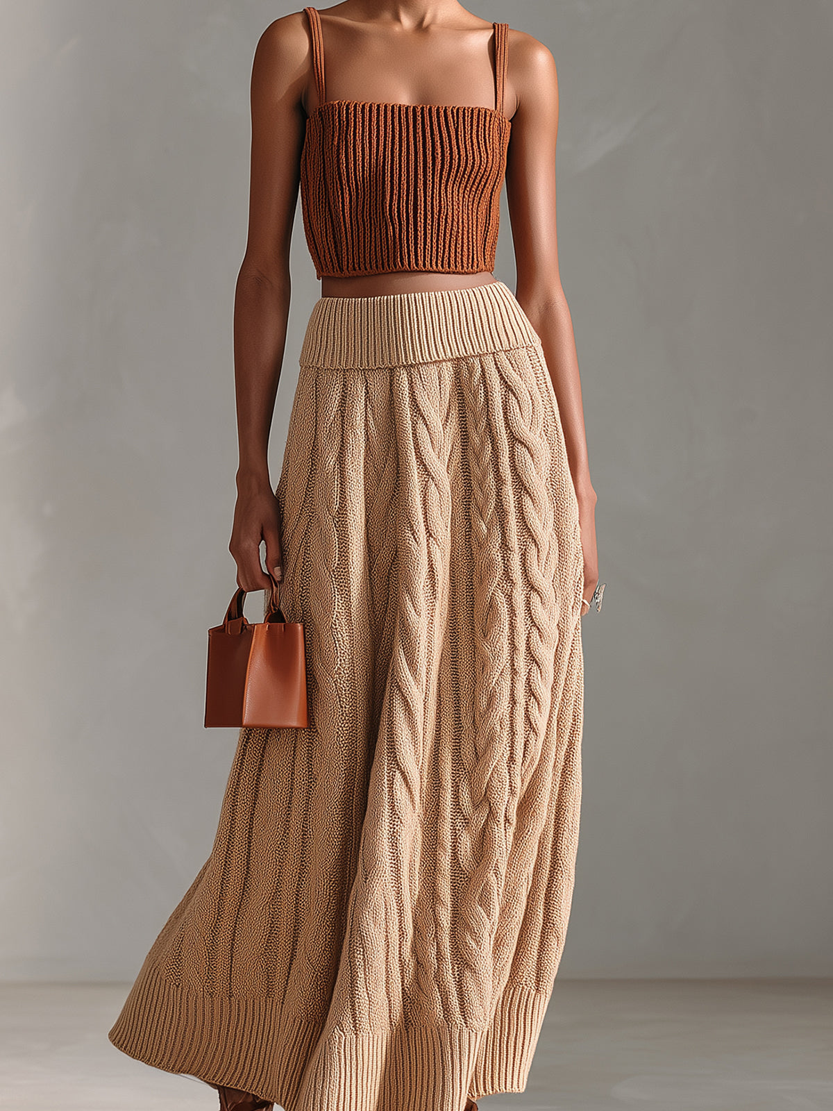 Chic Elegant Caramel Square-Neck Slim-Fit Ribbed Tank Top Camel A-Line Cable Knit Maxi Skirt Two-Piece Set
