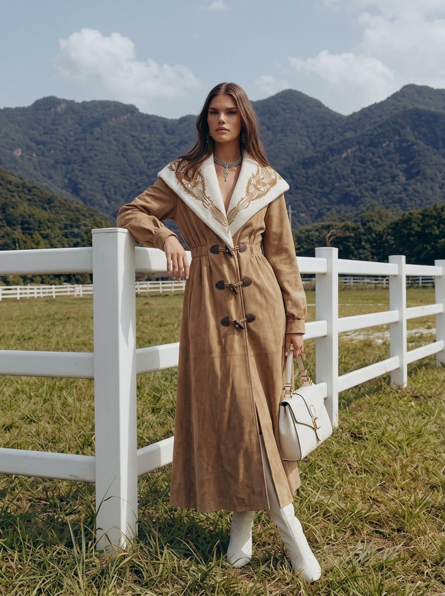 Nomadic Style Camel Embroidered Collar Buckle Front Long Faux Suede Coat