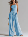 Chic Elegant Blue Slit-Fit Camisole Button-Front Wide-Leg Pants Ribbed Knit Two-Piece Set