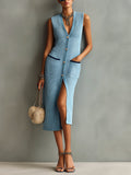 Chic Elegant Blue V-Neck, Single-Breasted, Sleeveless, Patch-Pocket, Slim-Fit Knit Midi Dress